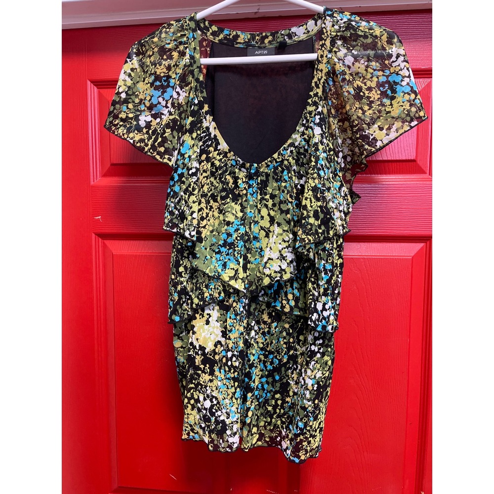 Apt. 9 Womens Floral Ruffle Flutter Sleeve Blouse Green Blue Tiered Top